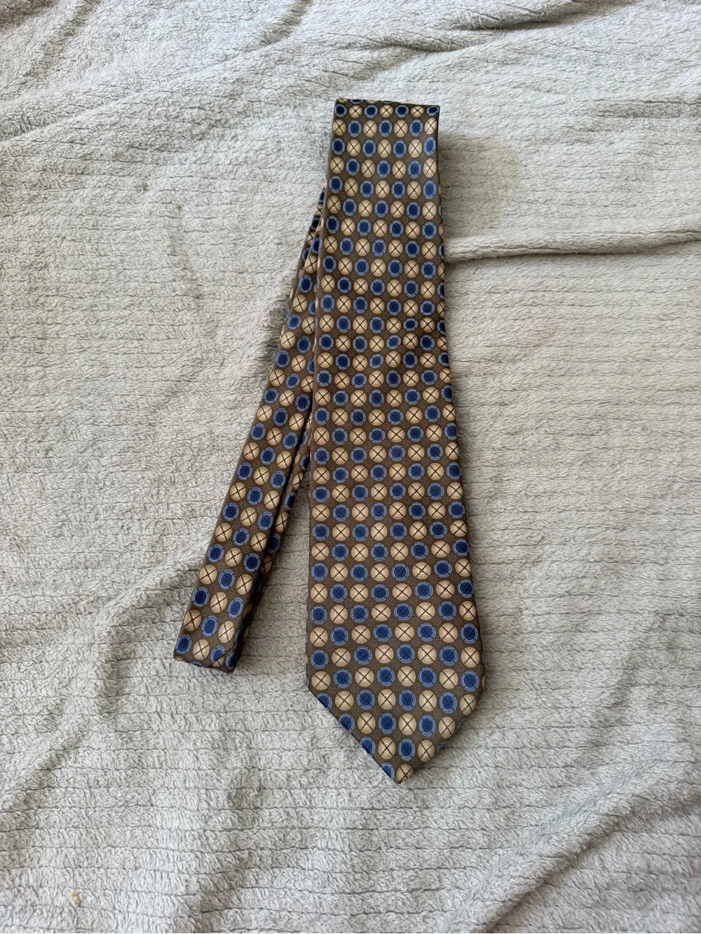 Stafford Brown Tie with Blue and Gold Geometric Medallions